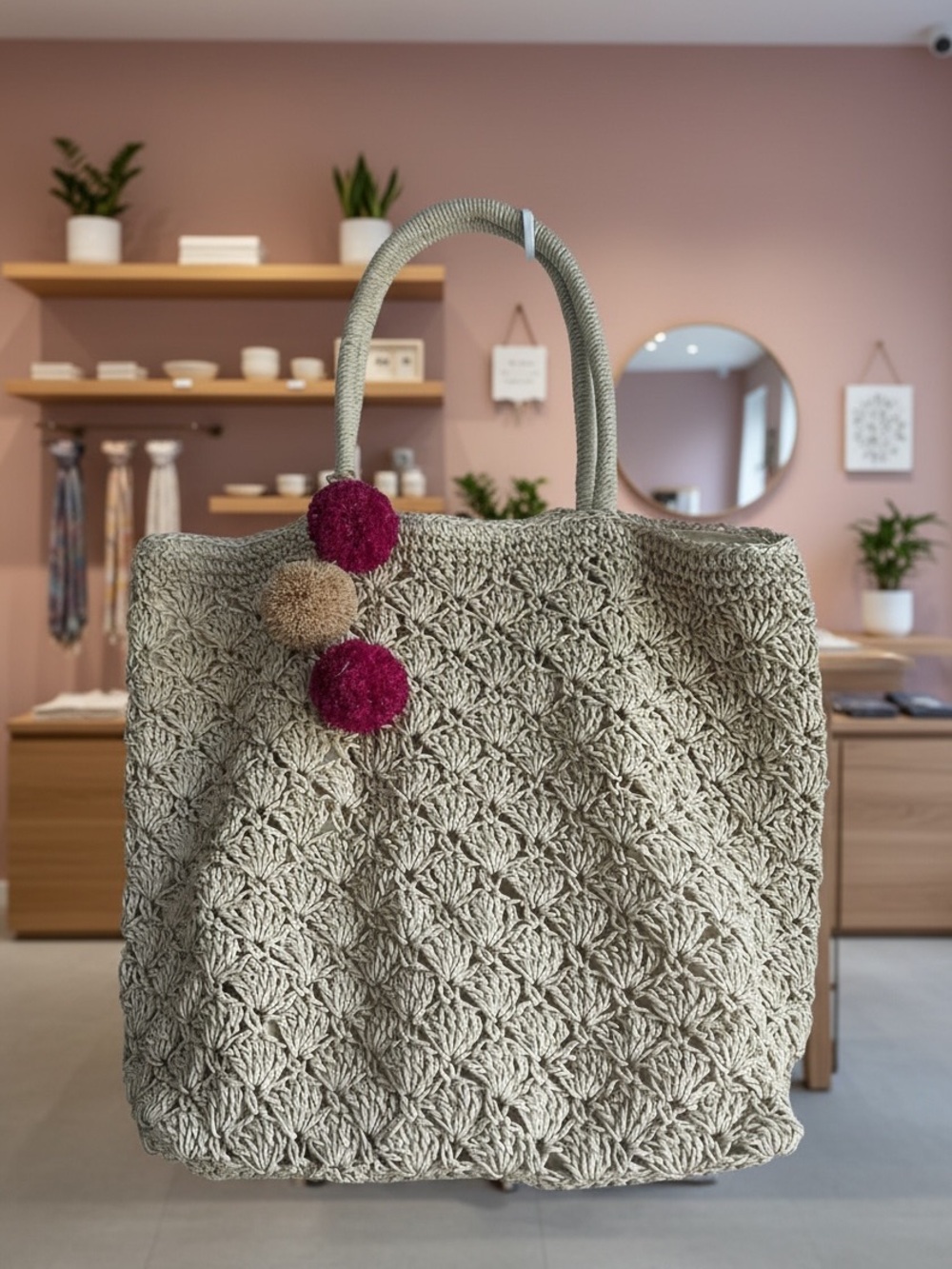 Haute Hippie Woven Crochet Tote Bag with Pom Pom Accent - Cream